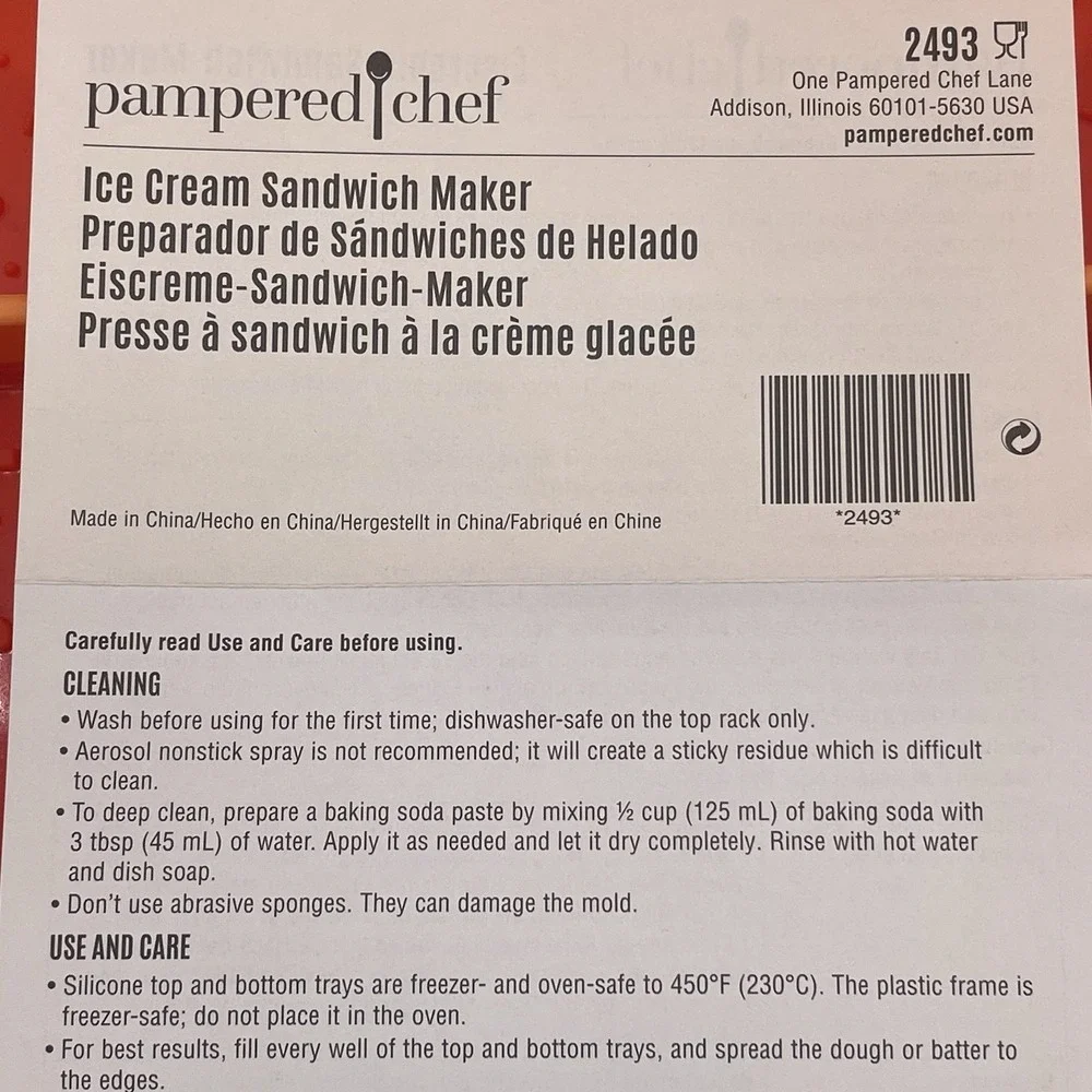 NEW Pampered Chef Ice Cream Sandwich Maker #2493 Orange‎ Silicone + Instructions